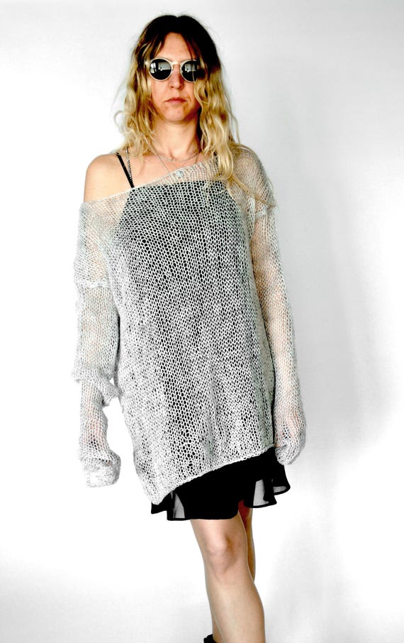 Grunge Mohair Sweater, Gray V Neck Loose Knit Jumper, Tunic Length