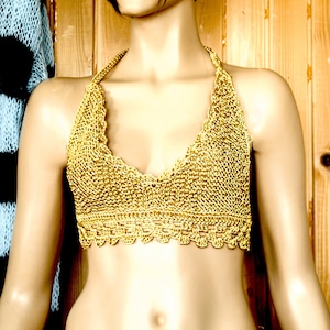 Shiny Gold Crochet Halter Top, Goddess Bralette,  Rave Beachwear Crop, Golden Party Knit,  70s Disco Festival Halter Top, Metallic Glam Top