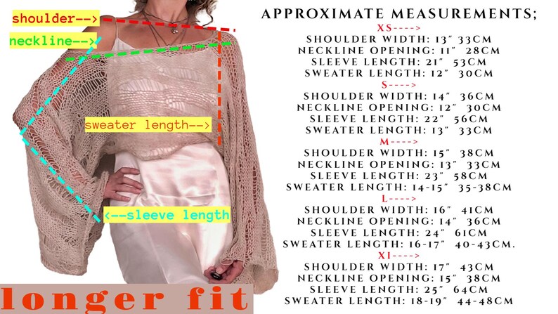 Op de afbeelding: Een beige, opengebreide trui met lange mouwen. De afbeelding bevat geschatte afmetingen voor schouderbreedte (33-43cm), halsopening (28-38cm), mouwlengte (53-64cm) en truienlengte (30-48cm). De tekst "longer fit" is ook zichtbaar.