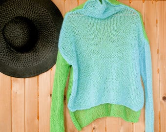 Blågrön mohairtröja, Frutiger Aqua tvåfärgad stickad tröja, y2k handstickad polotröja