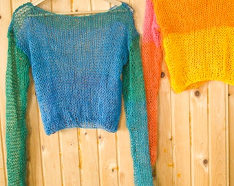 Cropped Mohair Sweater, See Through Blue Mohair Top, Sheer Crop Top, Mesh Knit Mohair Sweater, Lightweight Boho, Thin Knit Jumper by myAqua