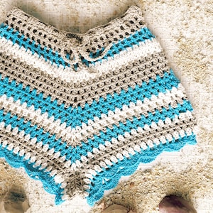 Striped Crochet Shorts, Boho Beach Shorts, Blue Gray Festival Shorts, High Waisted Drawstring Summer Bottoms, Scallop Hem Coastal Style