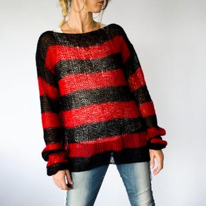 Red and Black Mohair Sweater, Unisex Knit Top, Striped Jumper, 90s Grunge, Punk, Rave, by myAqua image 6