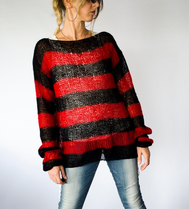 Red and Black Mohair Sweater, Unisex Knit Top, Striped Jumper, 90s Grunge, Punk, Rave, by myAqua image 6