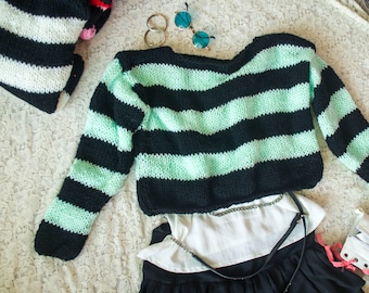 Striped Sweater, GenZ Style Pastel Grunge Harajuku Jumper, Nonbinary Punk Shirt, Green Black Stripes, Pastel Goth Top by myAqua