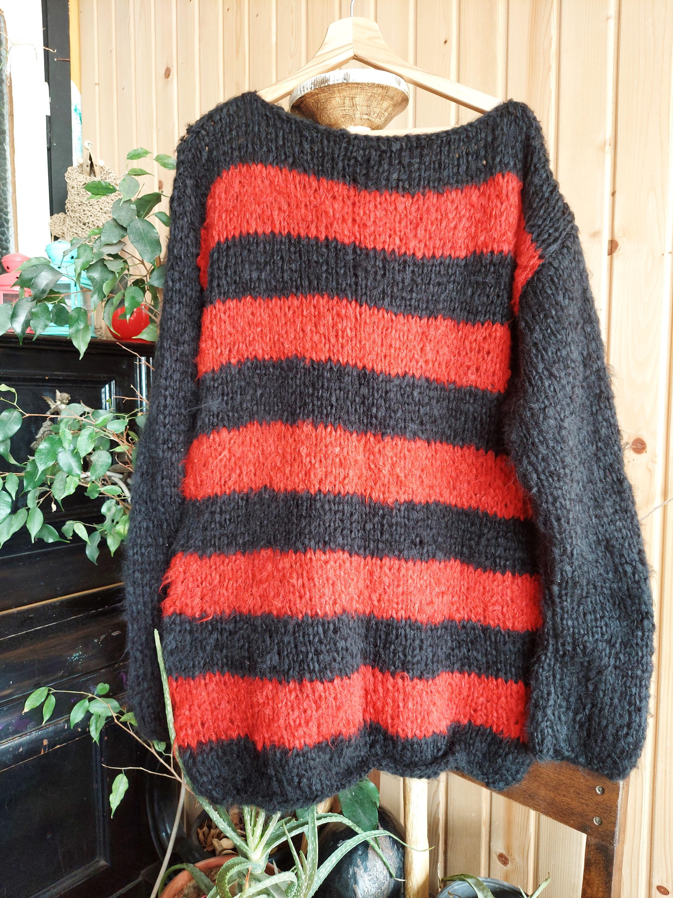 トップス layered punk grunge mohair knit sweater Red Black Striped Grunge Pullover, Punk Mohair Sweater With