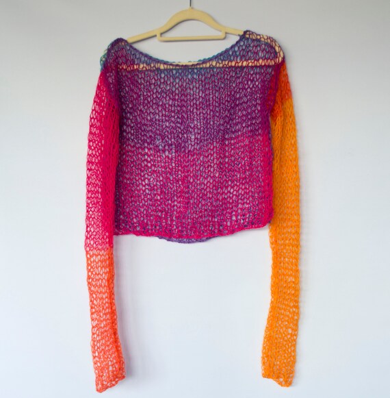 See Through Mohair Sweater, Orange Yellow Green Fishnet Top, Long 