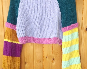 Colorful Cropped Sweater with Striped Sleeves, Hand Knit Soft Cozy Velvet Sweater, Harajuku Clothing by myAqua