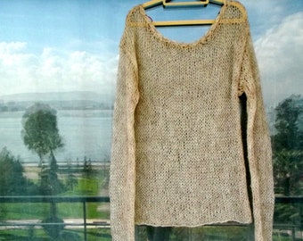 See Through Beige Mohair Sweater, Cozy Knit Ecru Lightweight Pullover with Long Sleeves, Fairycore Style Cozy Knitwear Gift by myAqua