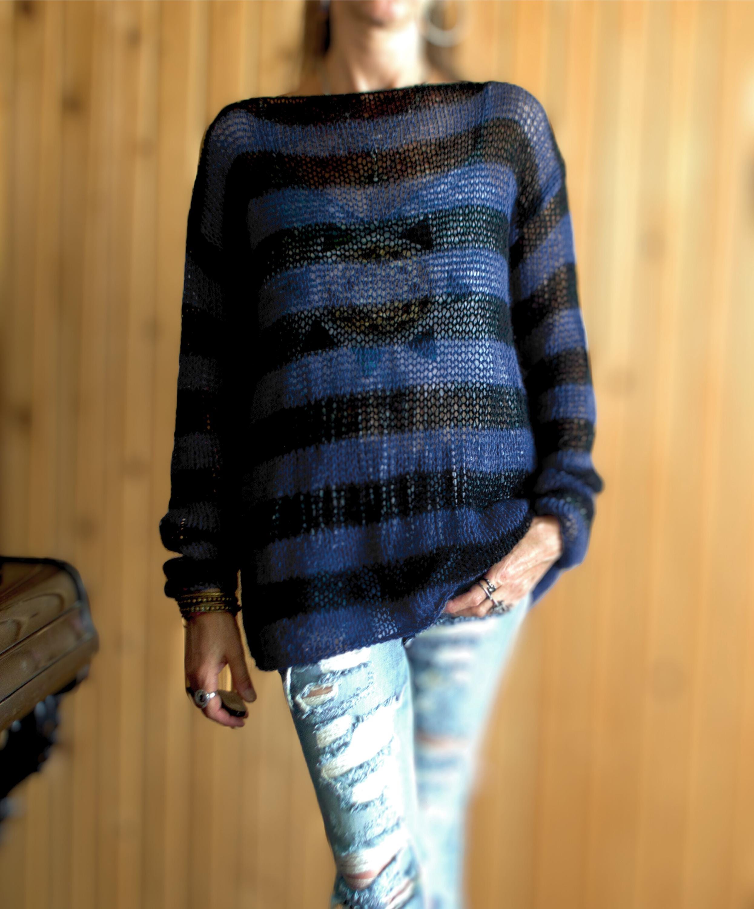 Grunge Mohair Sweater, Black Striped Sweater, Punk Rock