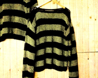 最終値下げ　Stripe Mohair Sweater Acid Green Striped Sweater, Uniform Green and Black Stripey Jumper, Grunge