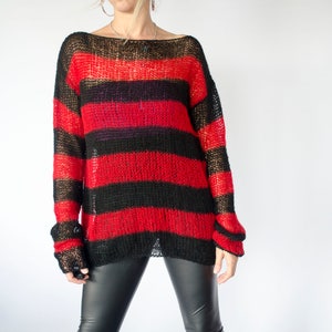 Red and Black Mohair Sweater, Unisex Knit Top, Striped Jumper, 90s Grunge, Punk, Rave, by myAqua image 3