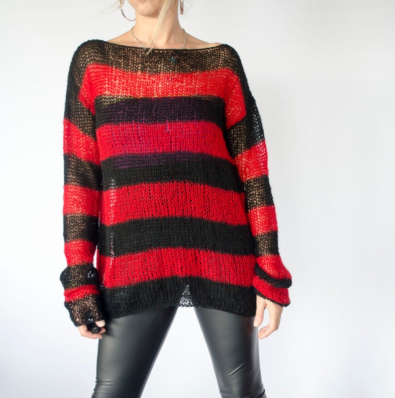 Red and Black Mohair Sweater, Unisex Knit Top, Striped Jumper, 90s Grunge, Punk, Rave, by myAqua image 3