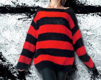 Striped Sweater, 90s Style Mohair Jumper, Nonbinary Punk Shirt, Red Black Stripes, Grunge Clothing, Goth Outfit, Long Sleeve Top, Unisex