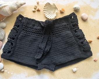 Crochet Shorts, Black Booty Shorts, Crochet Beach Shorts, Bikini Cover Up 1960's Shorts, Feminine Crochet Pant Festival Bottom by myAqua