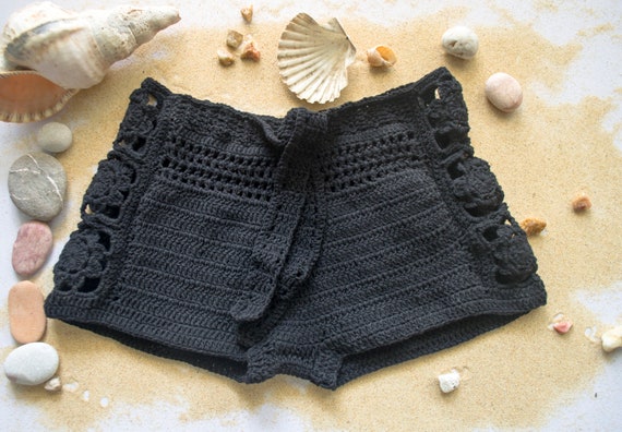 Black Crochet Shorts Booty Short Crochet Beach Shorts Bikini Cover Up 1960 s Beach Fashion Feminine Crochet Festival Outfit by Myaqua Etsy