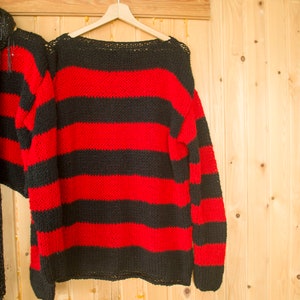 Red Black Striped Grunge Sweater, 90s Style Grunge Jumper, Nonbinary Punk Shirt, , Grunge Clothing, Goth Outfit, 100% Acrylic, Unisex