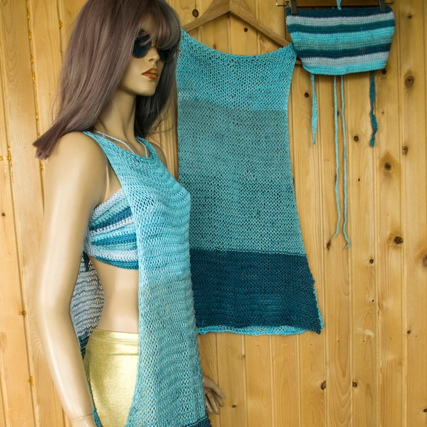 Crochet Top and Halter Tank Set, Striped Crochet Crop Top with Long Tunic, Blue Geometric Retro Halter Tank Top as a Festival Top by myAqua