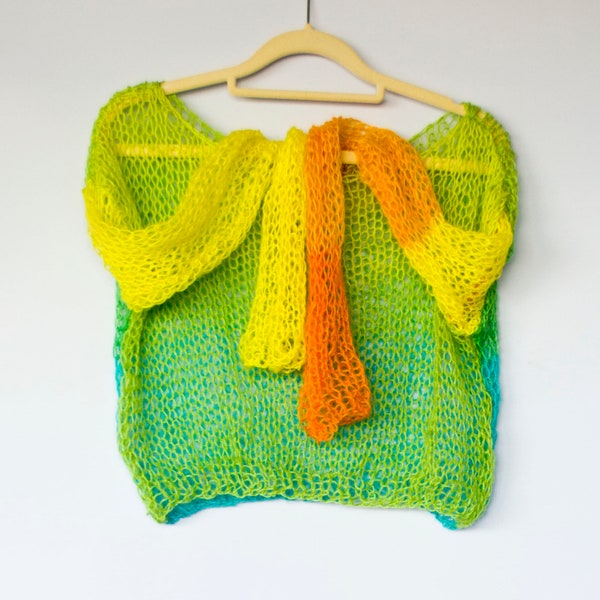 Boho Vibes : haut court à manches longues, pull troué en tricot en maille aux couleurs tropicales – pull en tricot fin, haut en maille tricoté vert jaune par myAqua