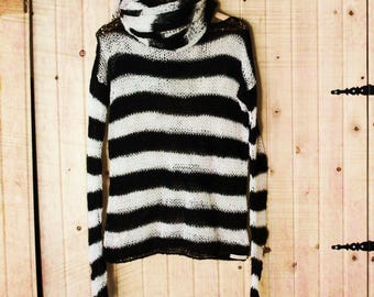 Black Gray Striped Punk Mohair Sweater, 90s Striped Grunge Jumpers