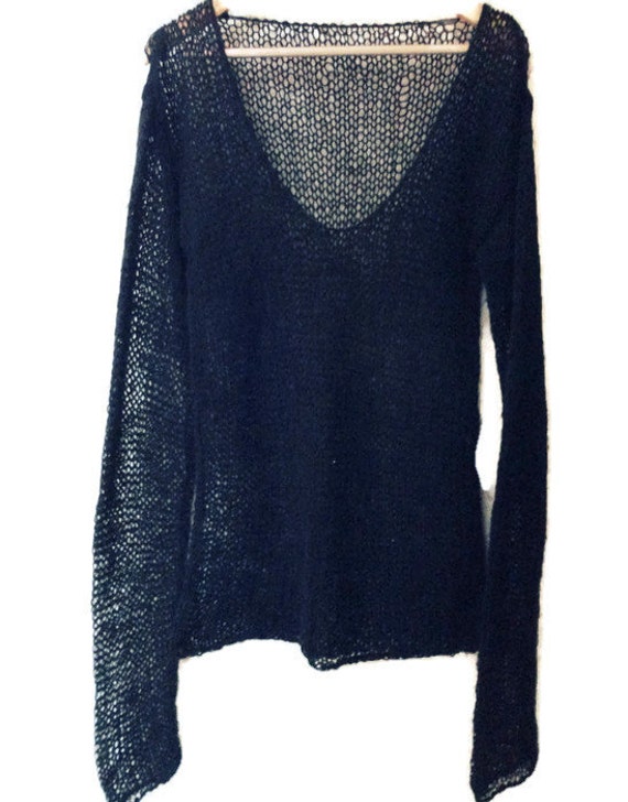 Black Loose Knit Grunge Sweater, Punk Mohair Pullover, Extra Long Sleeve V  Neck Jumper, Lightweight Mesh Knit Holey Sweater, Unisex Design - Etsy