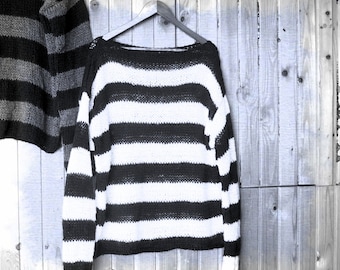 90s Striped Sweaters, Black and White Baggy Sweater, Slouchy Mohair Jumper, Man Rave Clothing, Womens Striped Punk Jumper by myAqua