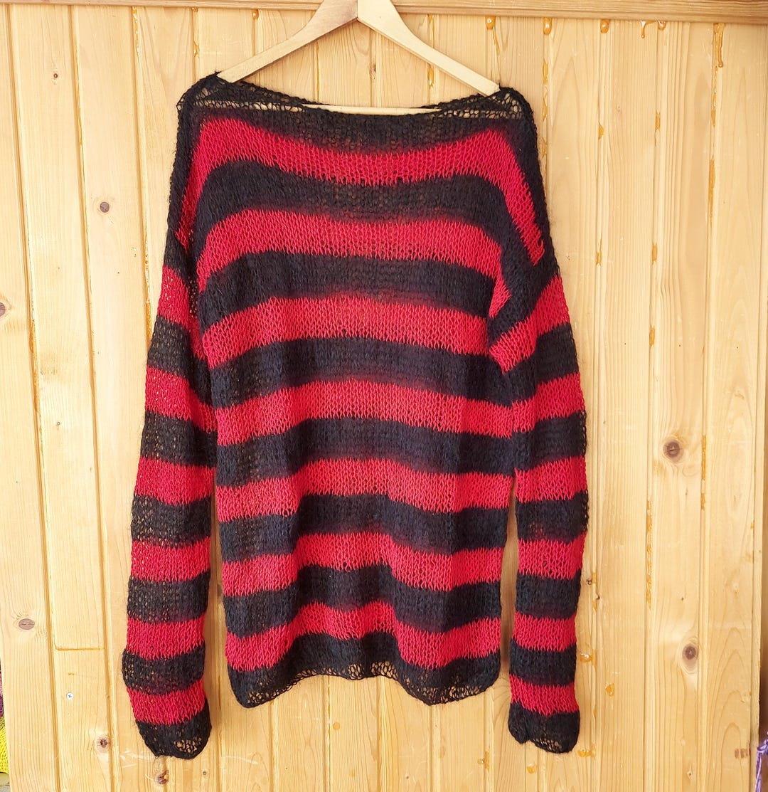 トップス layered punk grunge mohair knit sweater Black Striped Grunge Sweaters, Nonbinary Punk Mohair Jumper
