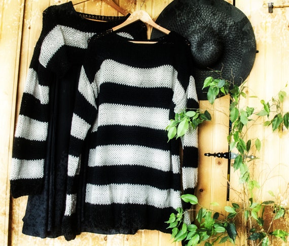 Jordana Black and White Striped Loose Knit Sweater