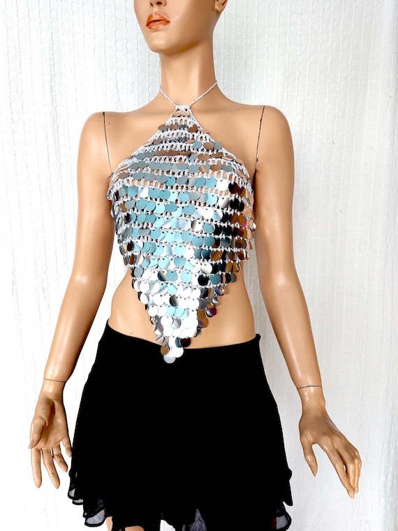 Sparkly disco Halter top, Silver Sequin Crochet Bandana Top, Mesh metallic Mermaidcore Holographic Festival  Rave Party Outfit