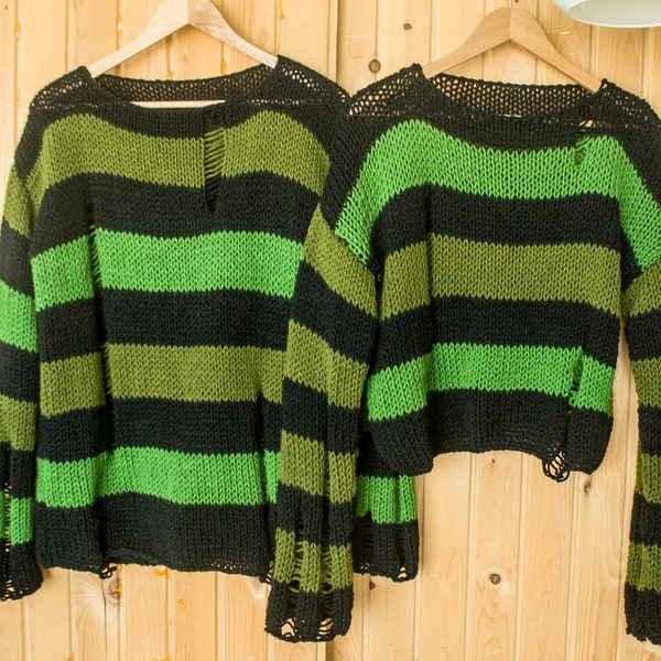 Black and Green Striped Sweater – 90s Grunge Jumper, Agender Punk Shirt – Goth Outfit, 100% Acrylic, Retro Grunge Clothing by myAqua