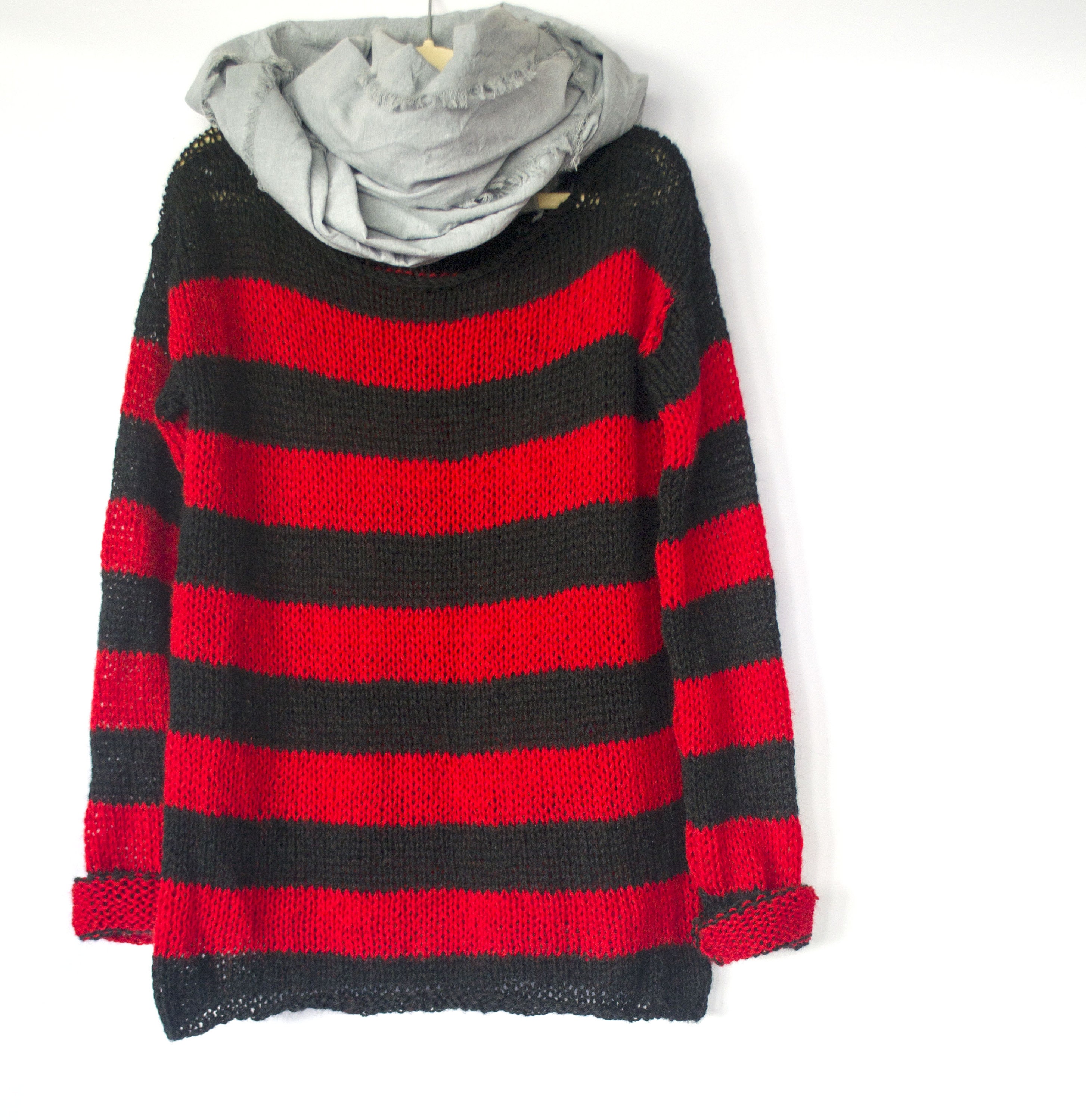Red Black Striped Oversized Mohair Sweater, Unisex Knitwear, 90s 