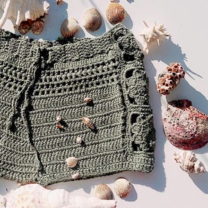 Khaki Crochet Beach Shorts, Boho Low Waisted Summer Shorts, Floral Side Festival Knit Shorts, Coastal Boho Style, Crochet Hot Pants