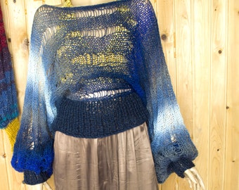 Blue Ombre Mohair Sweater, See Through Mohair Top with Bell Sleeves, Blue White Colors, Boho Witch Clothing, Eye Catching Top by myAqua