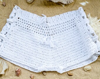White Booty Shorts, Crochet Shorts, Crochet Beach Shorts, Bikini Cover Up 1960's Shorts, Feminine Crochet Pant Festival Bottom, by myAqua
