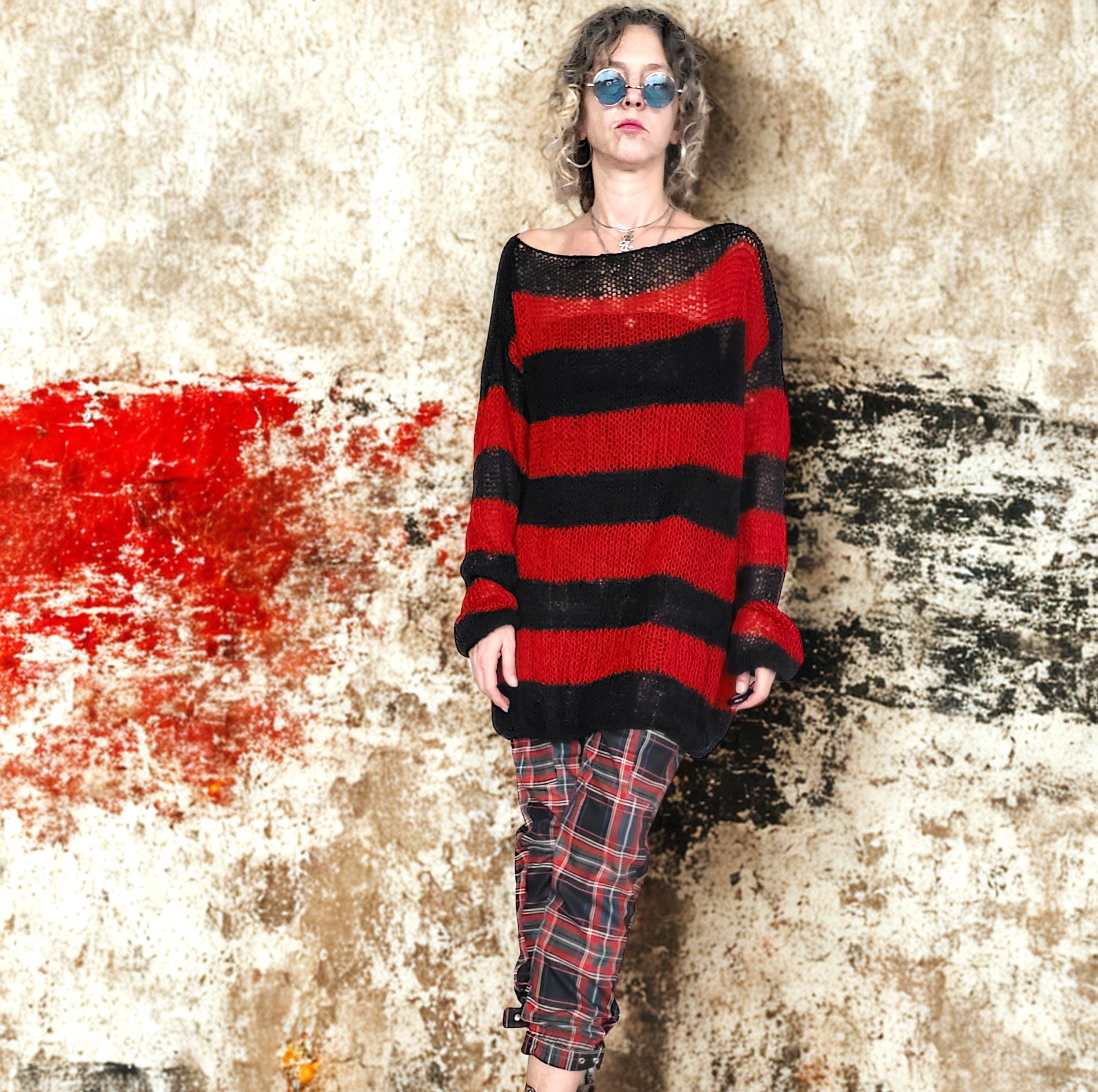 Red Black Striped Oversized Mohair Sweater, Unisex Knitwear, 90s