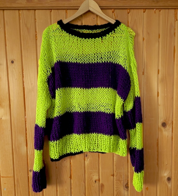 Knitted Sweater Purple And Green Jumper Purple Striped Knit Mohair
