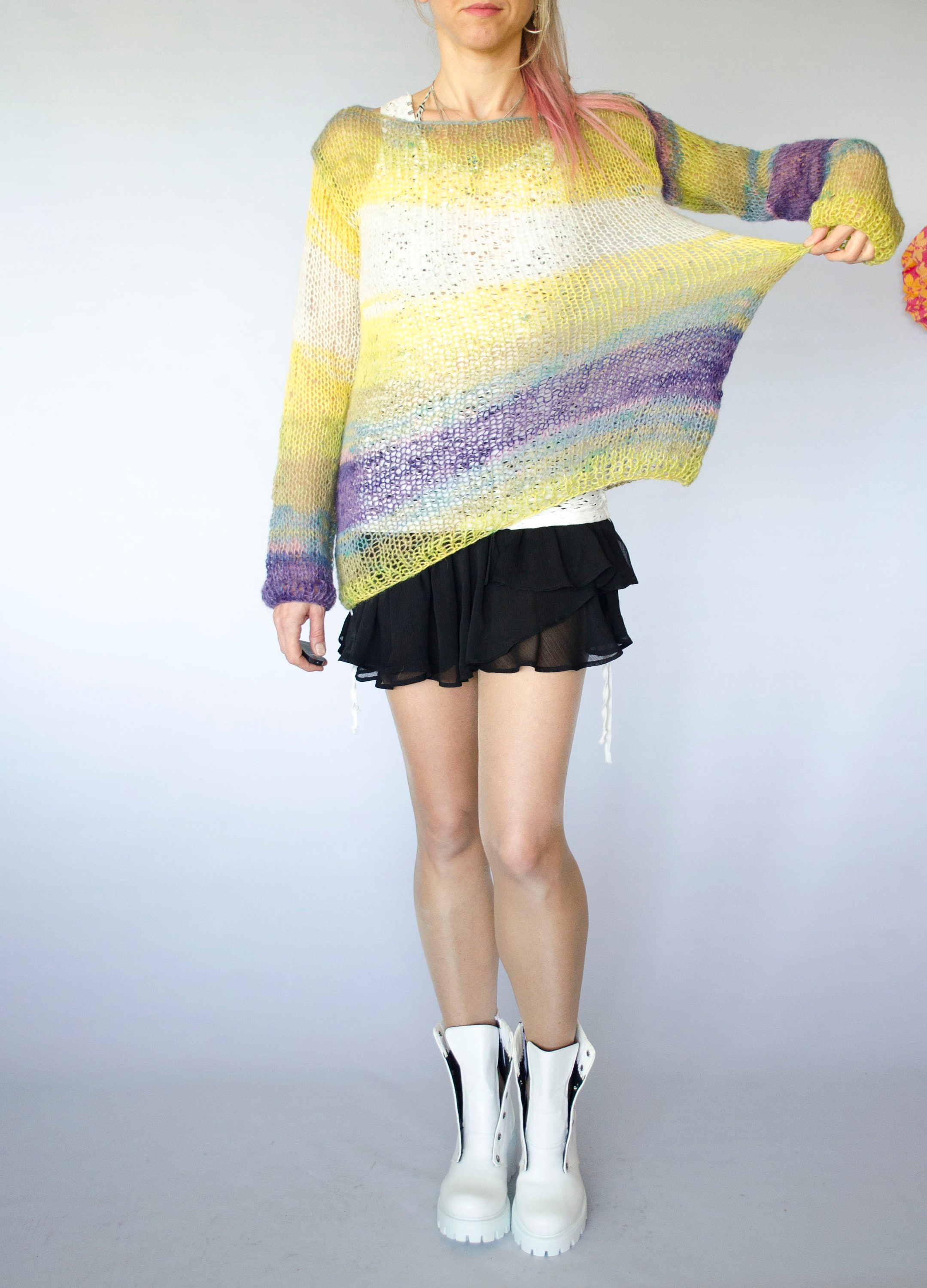 Mohair Sweater, Loose Knit Sheer Sweater in Bohemian Colors Mohair Sweater, Loose Knit Sheer Sweater in Bohemian Colors