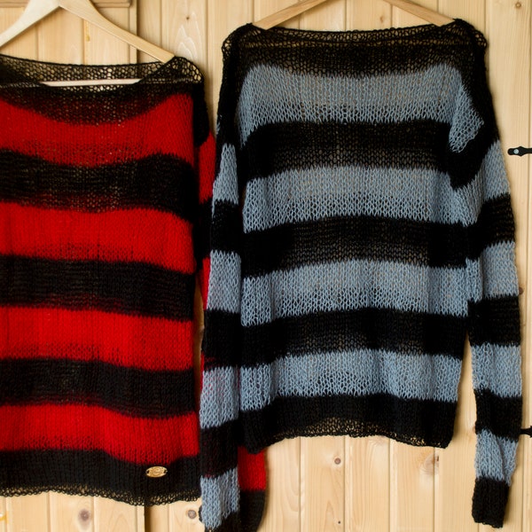 Black and Gray Mohair Sweater, Punk Mohair Jumper, Unisex Knit Top, Striped Jumper, See-Through Top, 90s Grunge, Punk, Rave, by myAqua