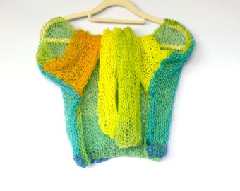 Mohair Loose Knit Sheer Crop Sweater, Short Lightweight See-Through Pullover in Tropical Colors, Rainbow Drape  Fishnets in Yellow Turquoise
