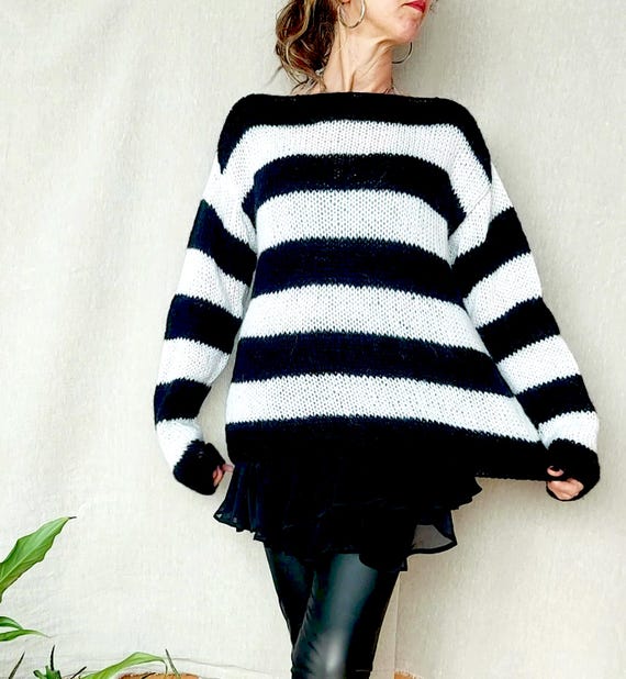 Black and White Stripey Sweater, Grunge Shirt With Stripes