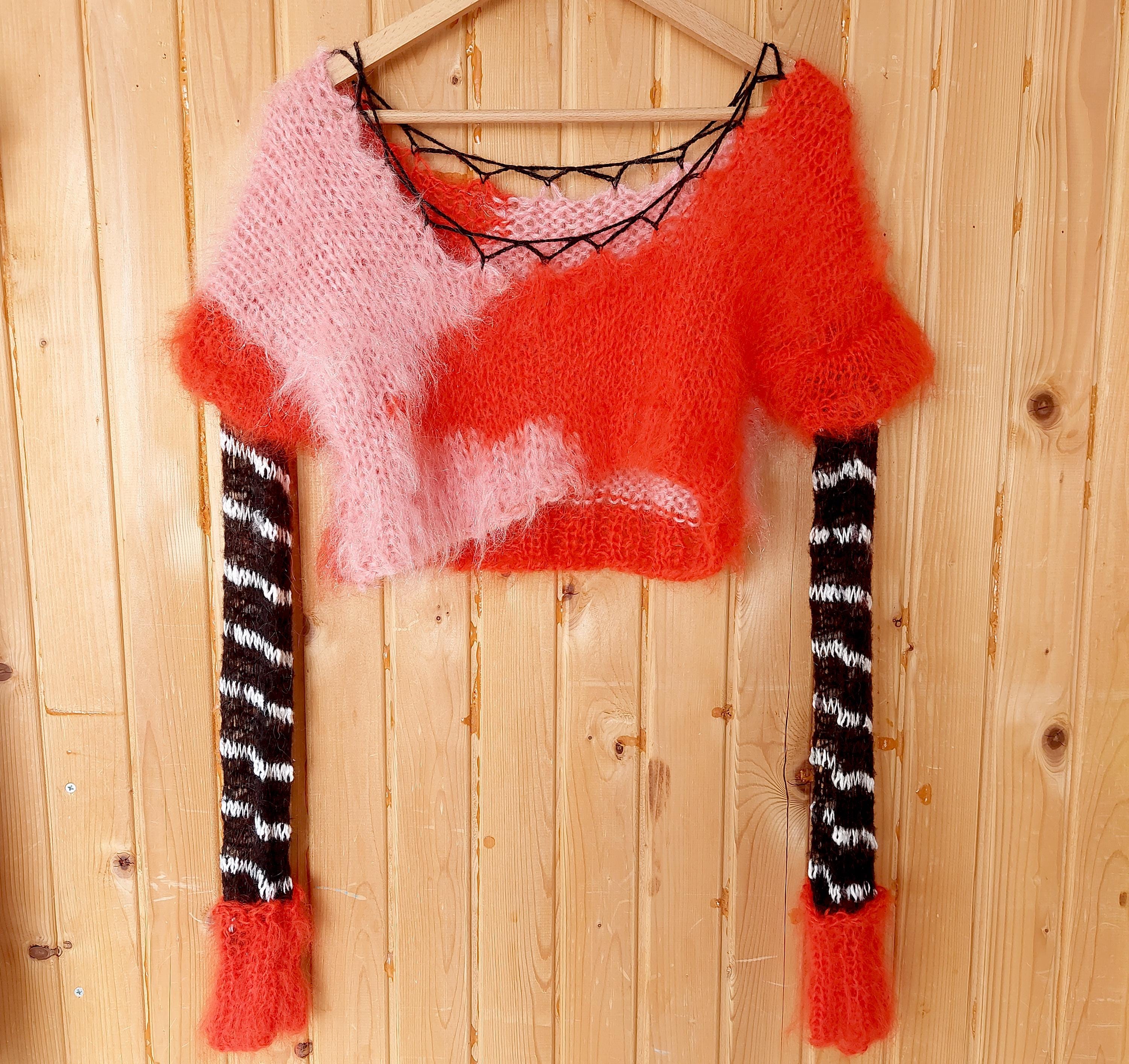 トップス layered punk grunge mohair knit sweater Red Black Striped Grunge Pullover, Punk Mohair Sweater With