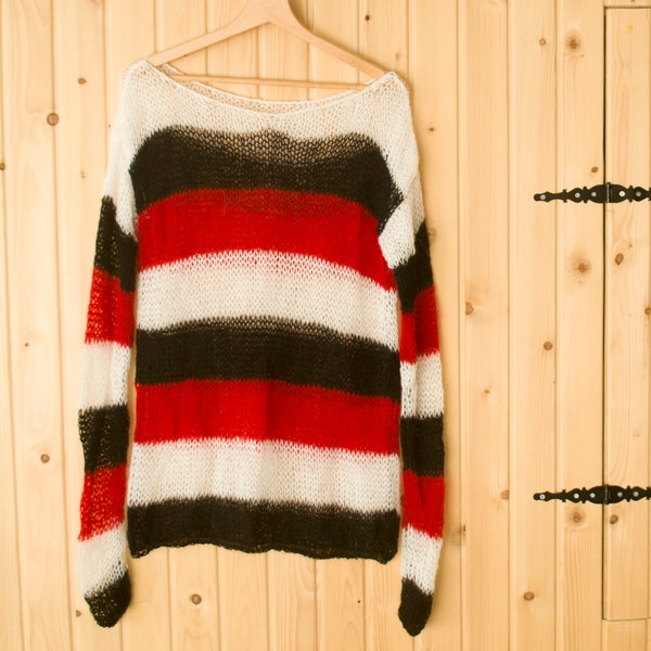 Striped Grunge Shirt, Red White and Black Stripey Sweater, See Through Hand-knit, Goth Sweater, Punk Pullover with  Long  Sleeves by myAqua