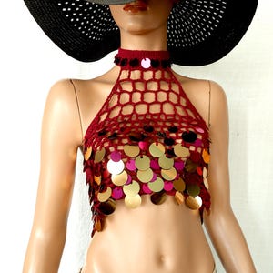 Sequin Crochet Halter Top, Disco Shine Festival Party Crop Top, Dark Red Sparkly Rave Bralette, Burgundy Summer Beachwear Stagewear