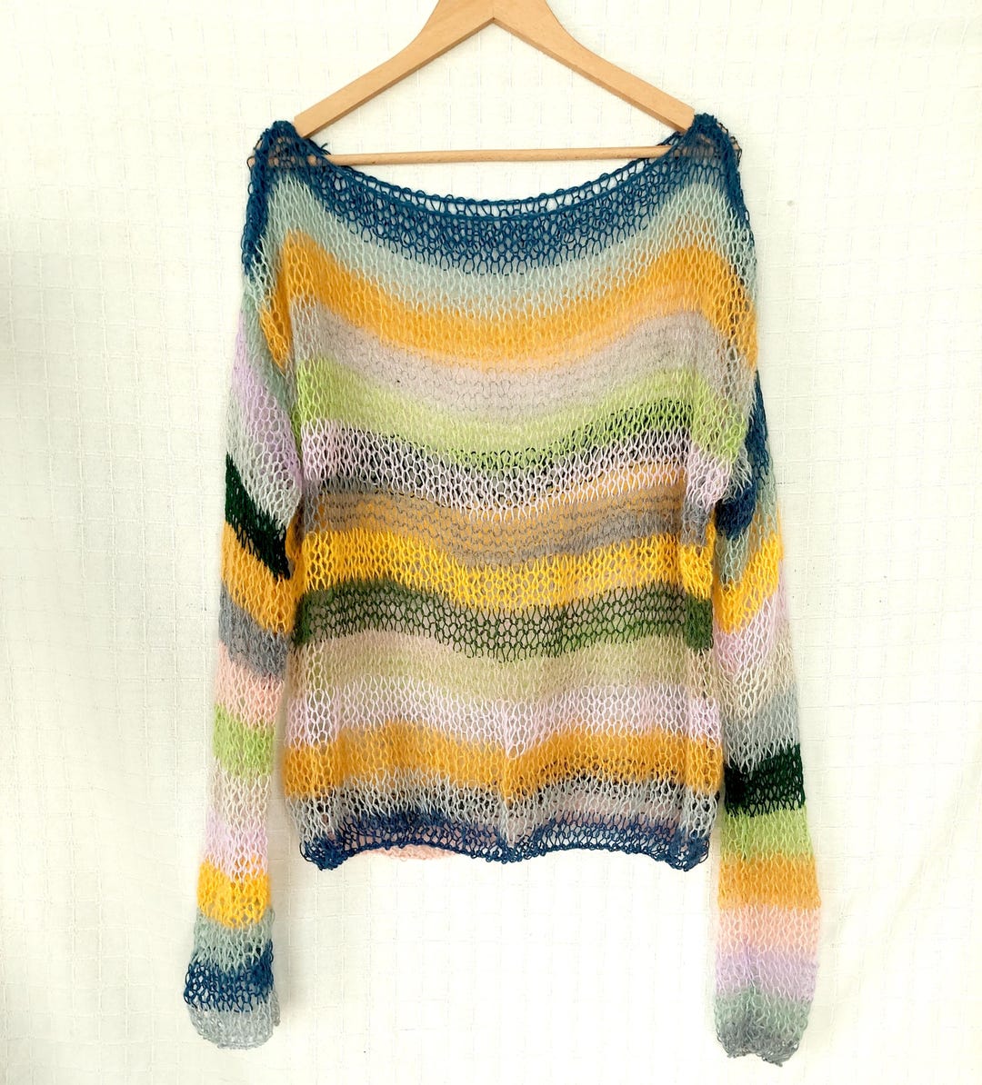 Grunge Mohair Sweater, Striped Knit Top, Sheer Distressed Pullover