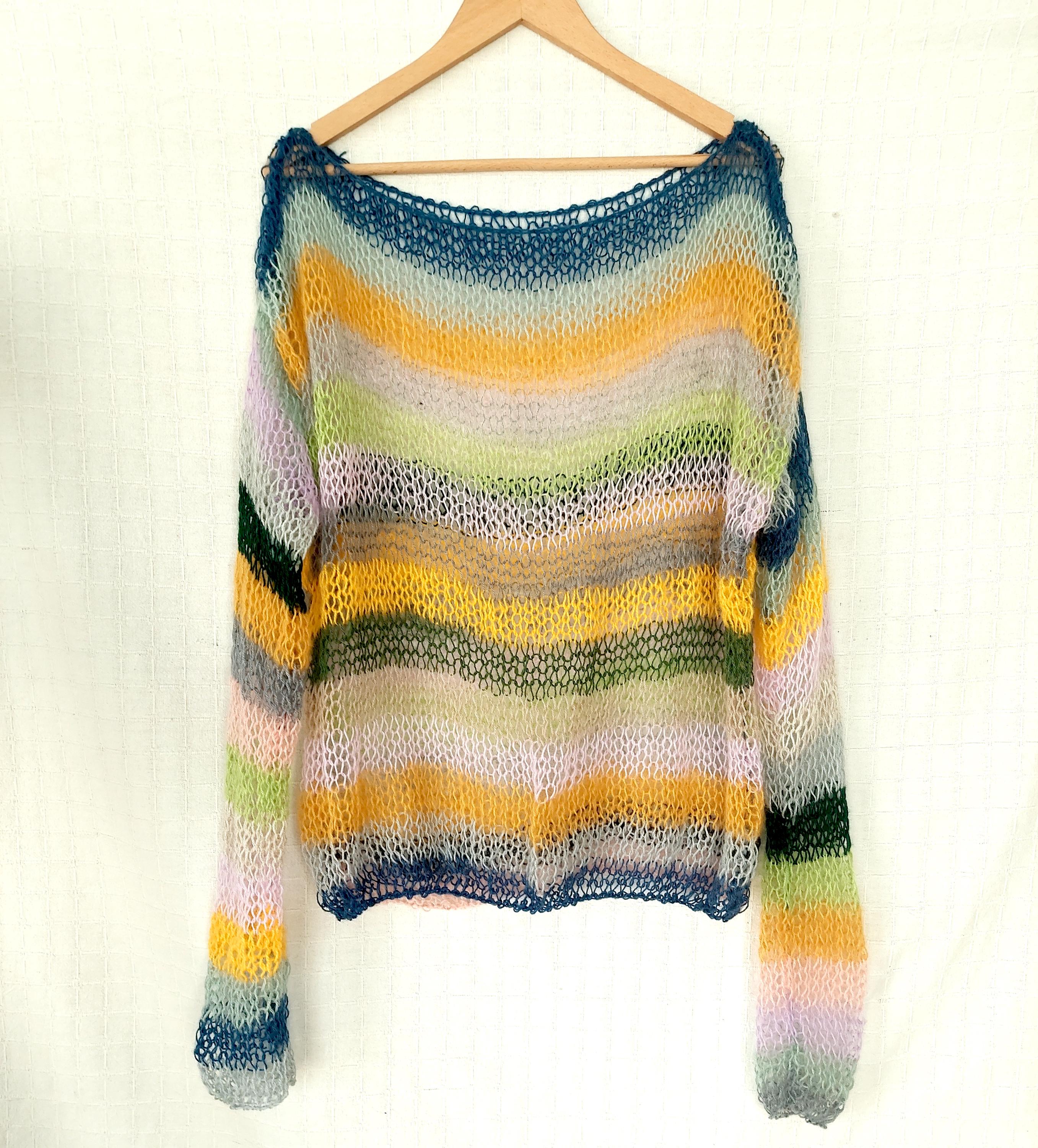 Grunge Mohair Sweater, Striped Knit Top, Sheer Distressed Pullover