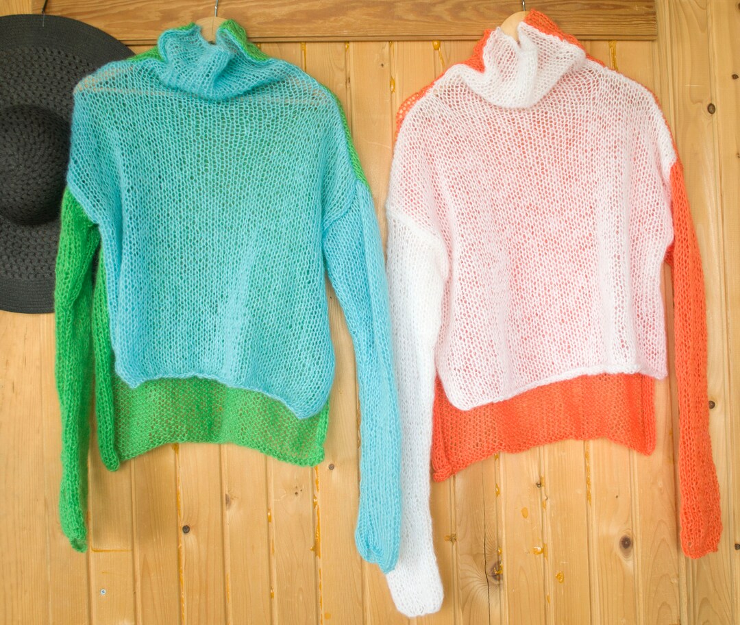 Two Color Mohair Sweater, Boho Fall Sweater, Mohair Jumper, Turtle Neck Jumper With Very Long