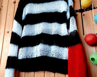 Striped Grunge Mohair Sweater, Red Black White Stripey Jumper