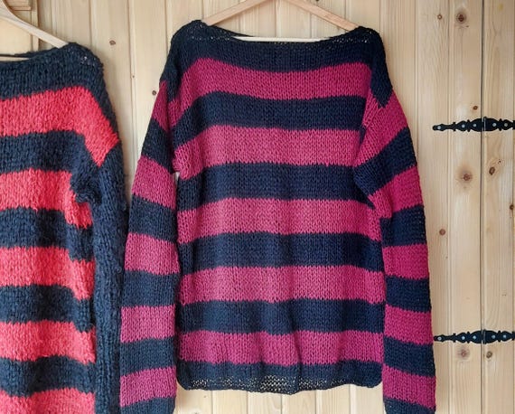 Striped Sweater, Punk Mohair Jumper, Burgundy and Black