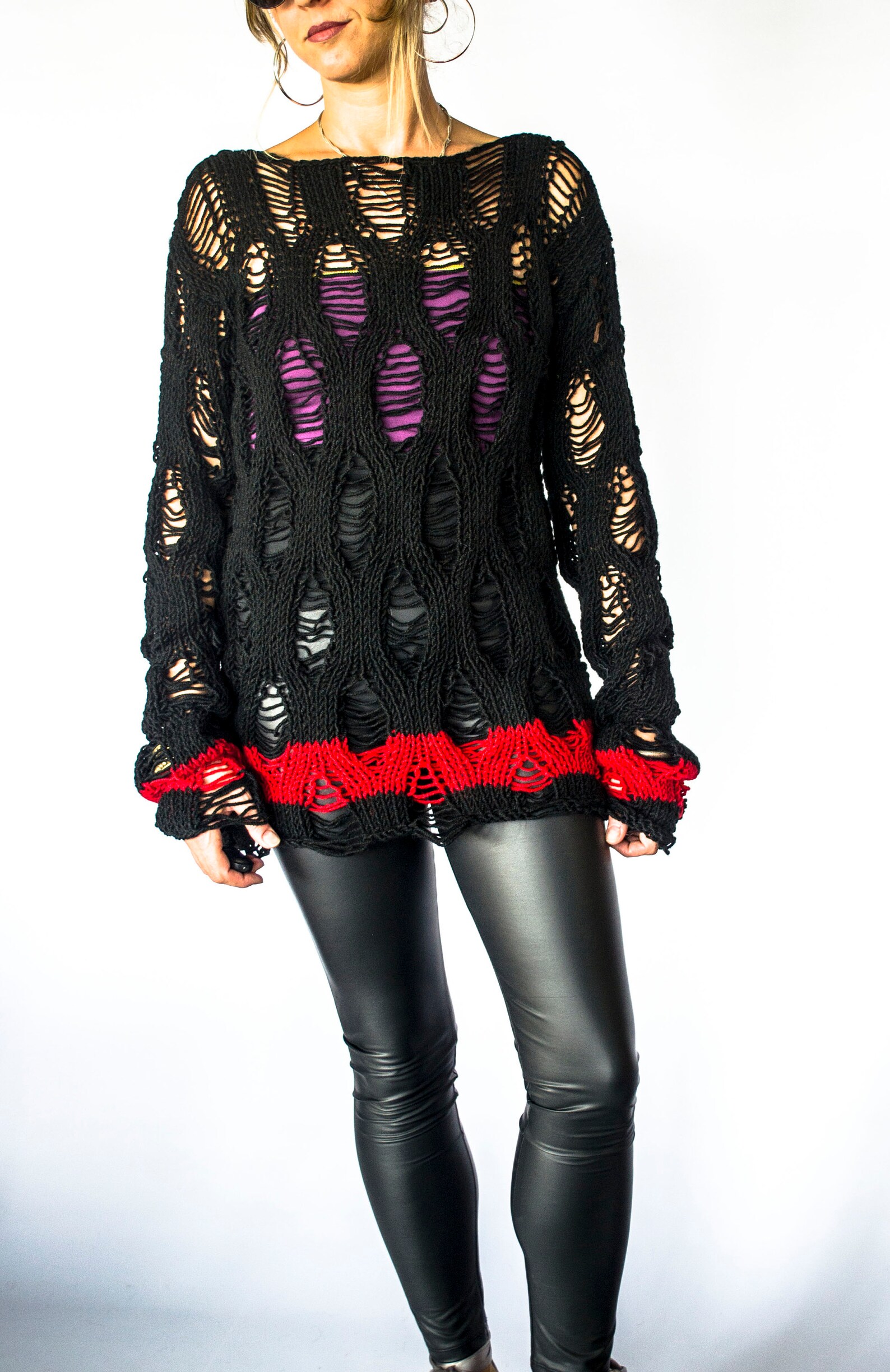 Punk Sweater With Black and Red Stripes Unisex Ripped Sweater Etsy