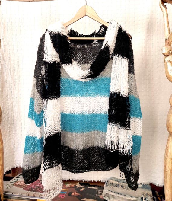 トップス layered punk grunge mohair knit sweater Grunge Mohair Sweater, Punk Striped Knitwear, Unisex